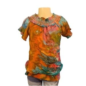 Lulumari Sz M Women Blouse Multi-Color Boho Floral Smocked Neck